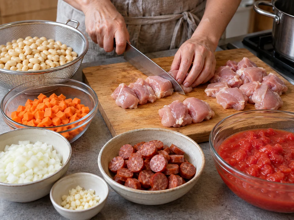 Bohnen, Gemüse und Fleisch vorbereiten