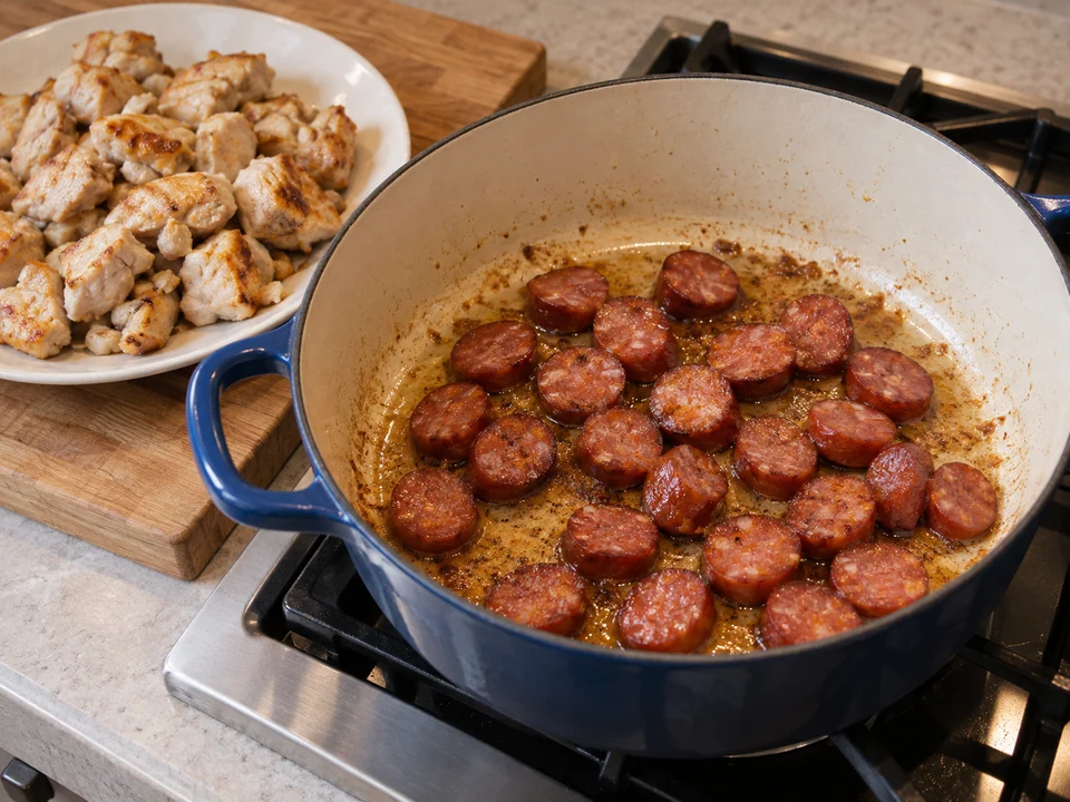 Hähnchen und Wurst anbraten