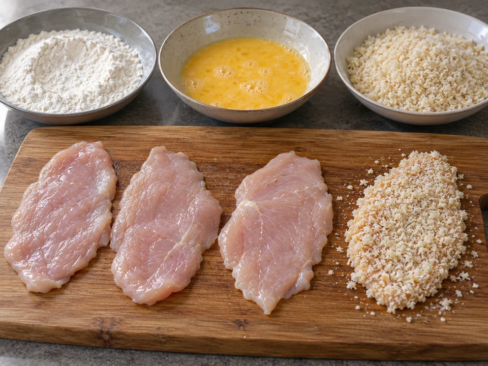 Hähnchen flach klopfen und panieren