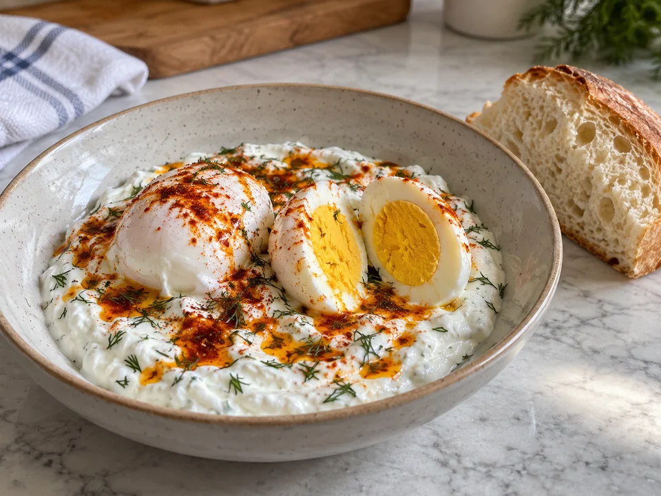 Joghurt, Eier und Brot zusammen servieren