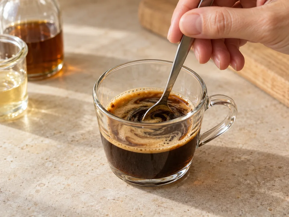 Zimt- und Vanillesirup gründlich in den frisch gebrühten Espresso rühren.