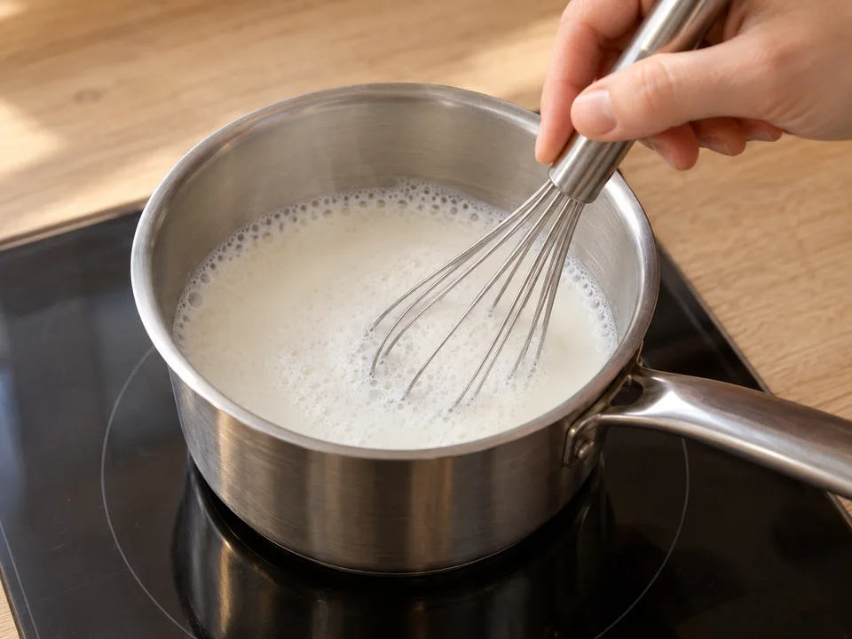 Die Milch sanft erwärmen und mit dem Schneebesen kurz luftig schlagen, ohne sie aufzukochen.
