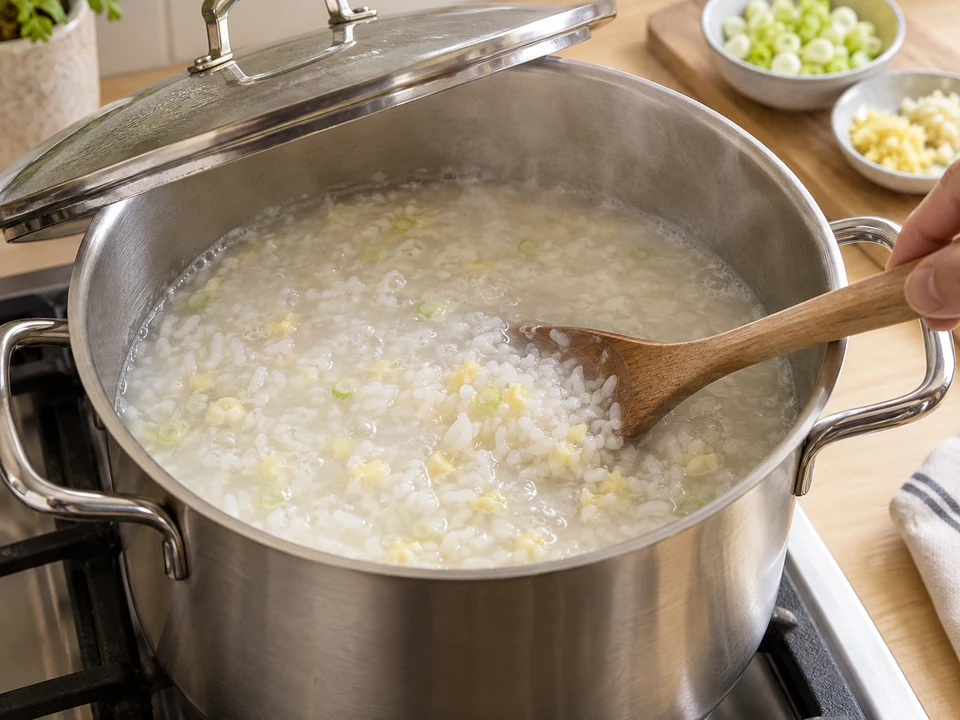 Den Reis bei niedriger Hitze weich und zunehmend cremig kochen.