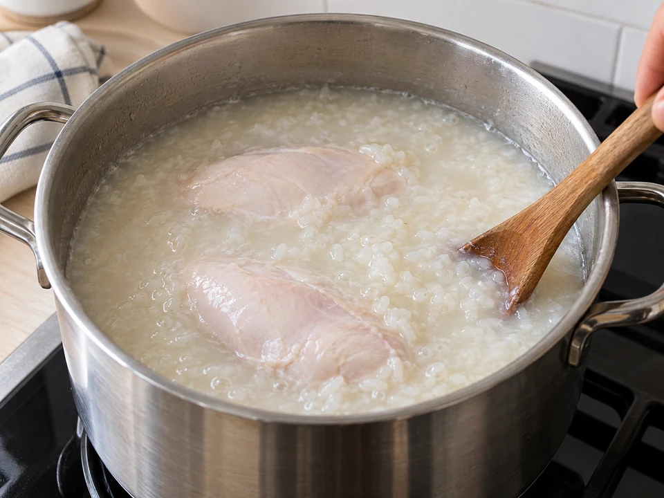 Das Hähnchen direkt im Congee vollständig garen.