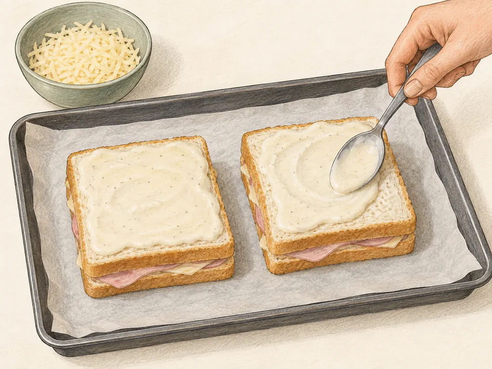 Die Sandwiches oben dünn mit Béchamel bestreichen und erst danach den geriebenen Käse verteilen.