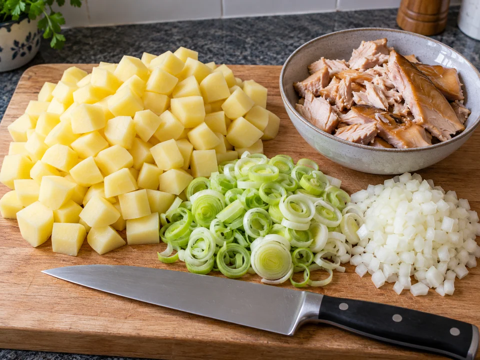 Gemüse und Fisch vorbereiten