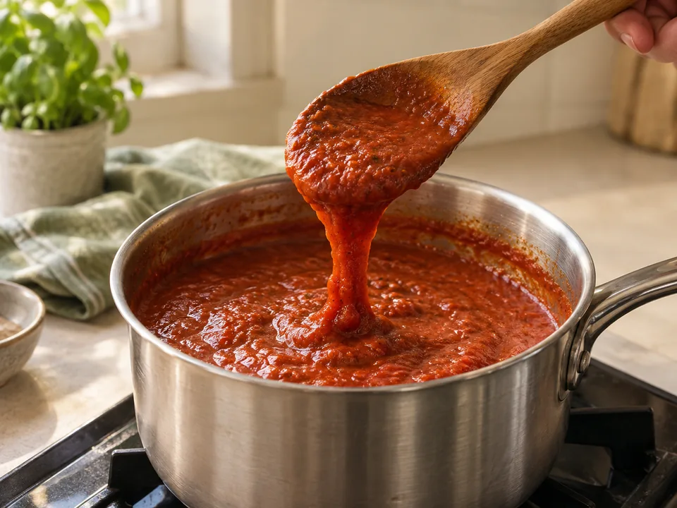 Die Sauce offen einkochen, bis sie dickflüssig vom Löffel läuft und an den Wurstscheiben haften kann.