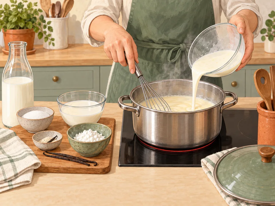 Stärkemilch unter Rühren in die Vanillesauce geben.