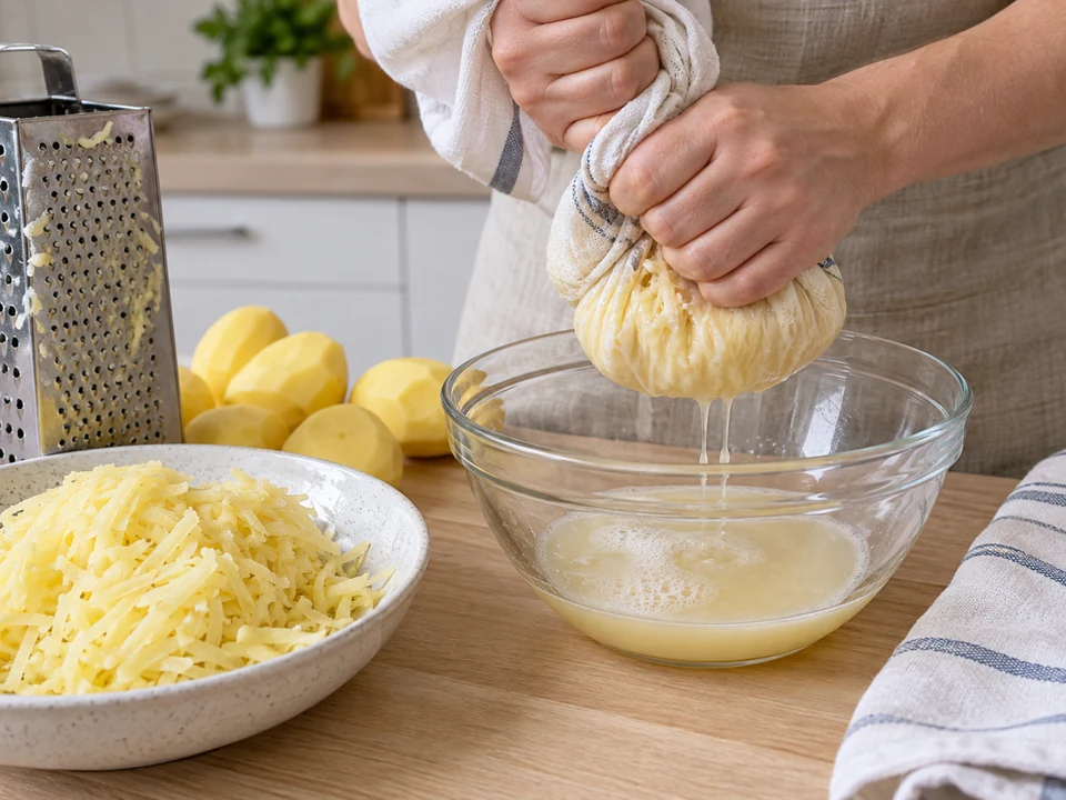 Rohe Kartoffeln fein raspeln und ausdrücken
