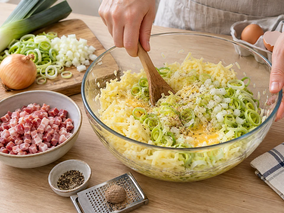 Kartoffelraspel mit Lauch und Ei vermengen