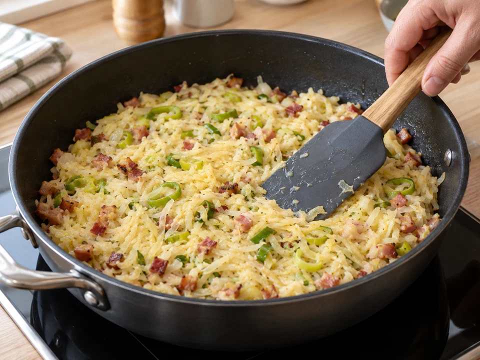 Die Kartoffelmasse als großen Ansatz anbraten