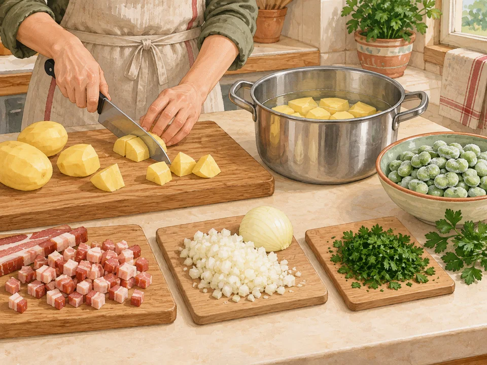 Kartoffeln, Zwiebel und Speck für das Gericht schneiden.