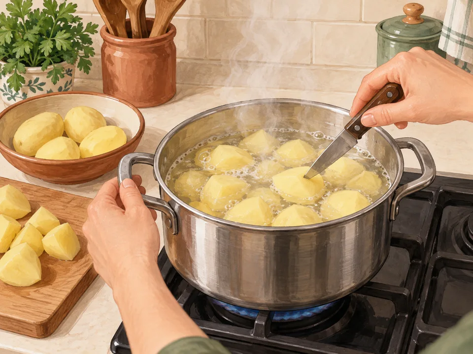 Die Kartoffelstücke im Topf kochen.