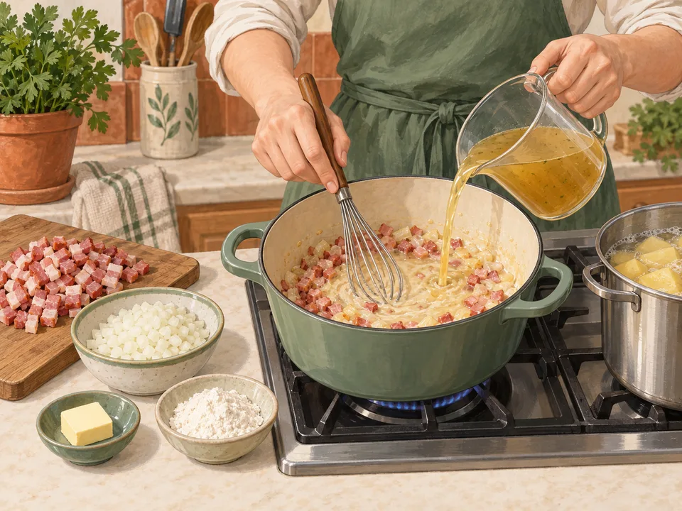Speck und Zwiebel anbraten und den Saucenansatz verrühren.