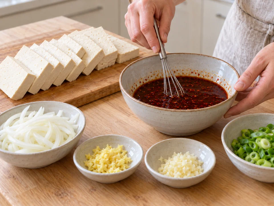 Tofu, Gemüse und Schmorsauce vorbereiten