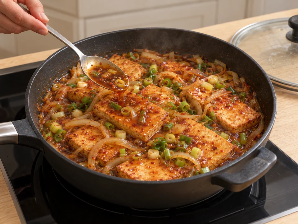 Tofu in der gesamten Sauce schmoren