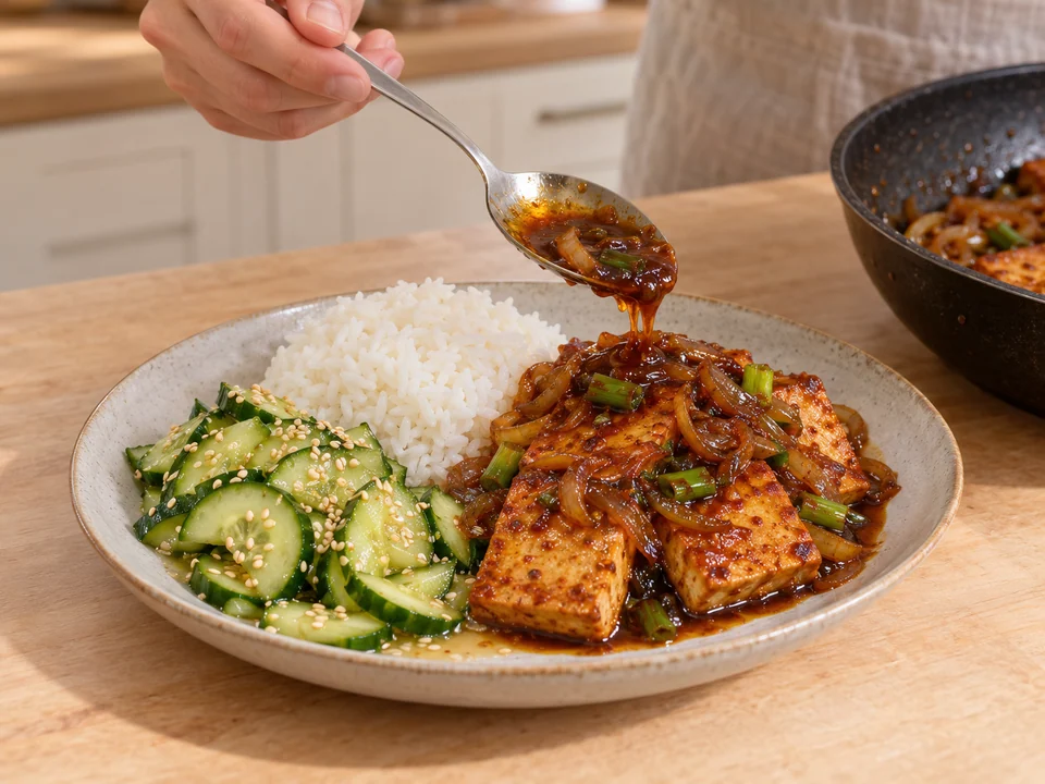 Reis, Tofu und Gurkensalat vollständig aufteilen