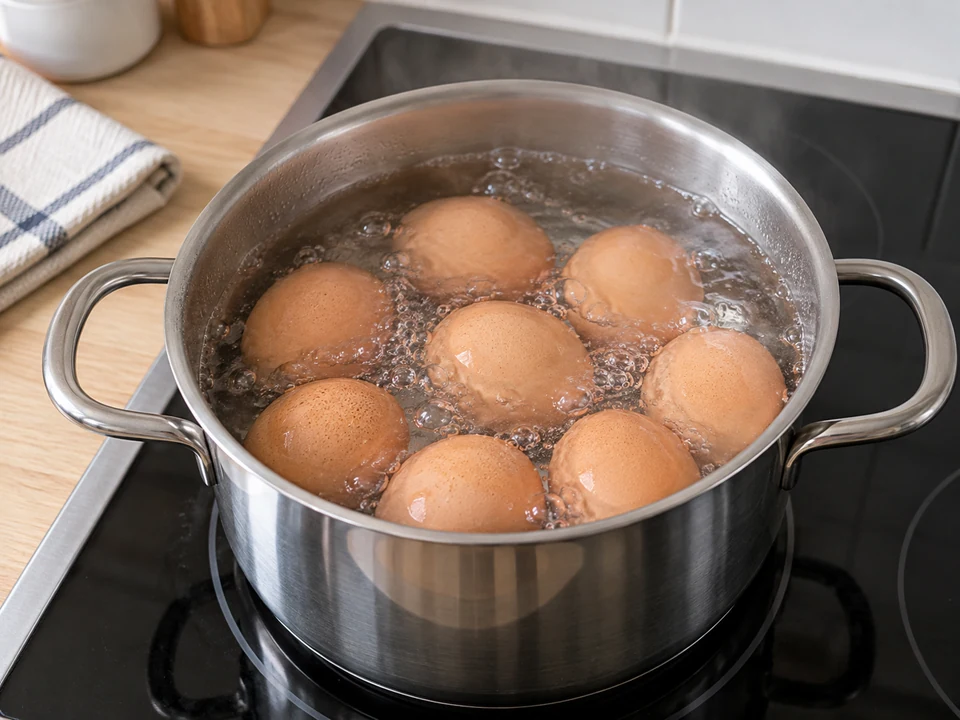 Eier in der Schale hart kochen.