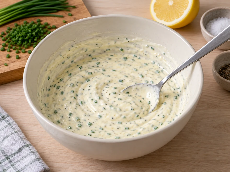 Joghurt, Mayonnaise und Würzung verrühren.