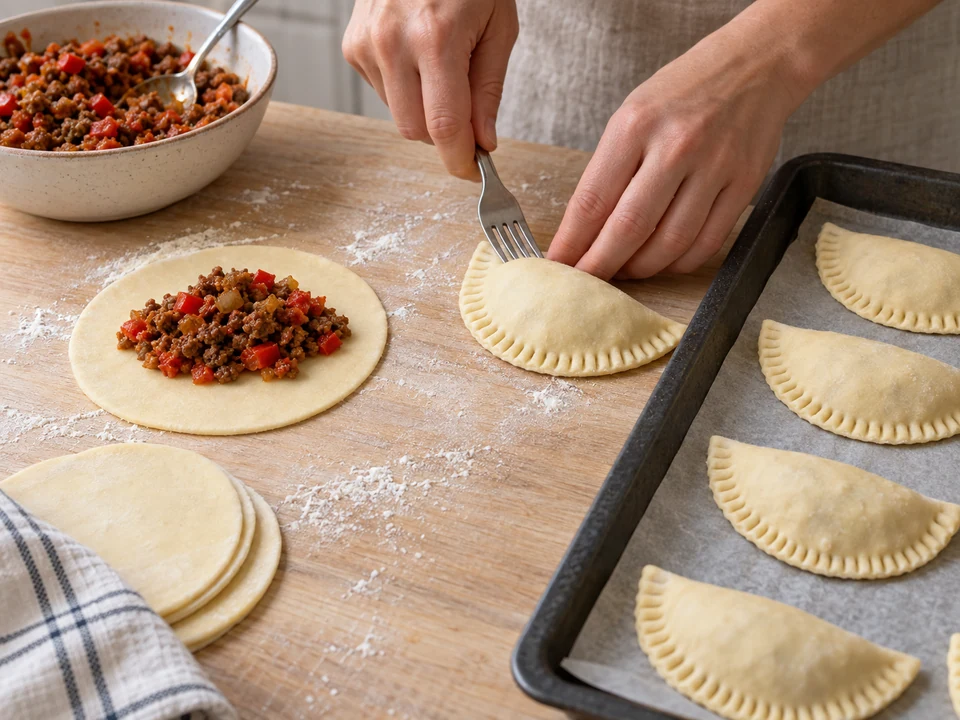 Empanadas halbmondförmig schließen und Ränder andrücken.