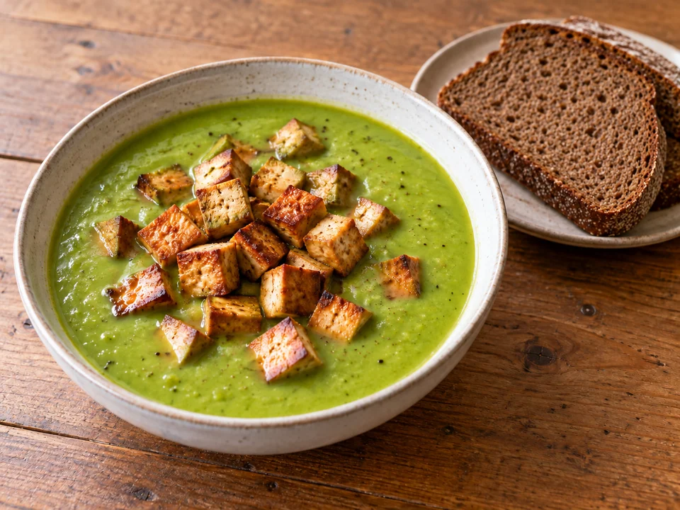 Mit Tofu und Brot anrichten