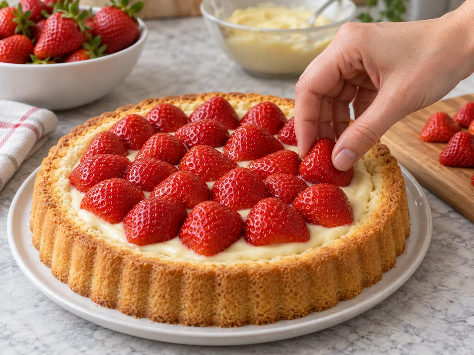 Den abgekühlten Pudding dünn verstreichen und die trockenen Erdbeeren dicht darauflegen.