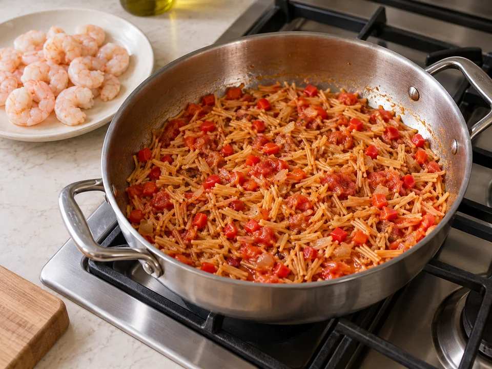 Gemüse und Fideos rösten