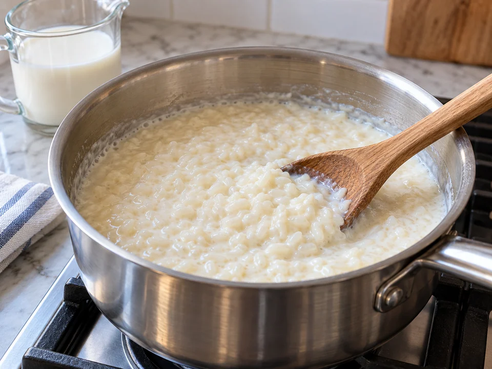 Milch einrühren und Reis weich garen