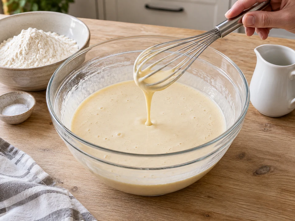 Den ungesüßten Pfannkuchenteig glatt rühren und ruhen lassen.