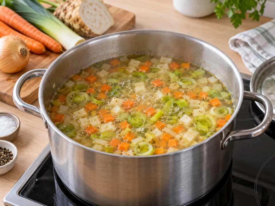 Klein geschnittenes Gemüse in der Brühe weich kochen.