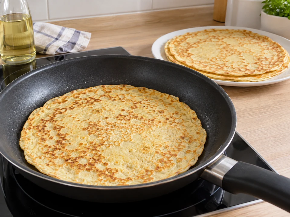 Vier dünne Pfannkuchen von beiden Seiten goldgelb backen.