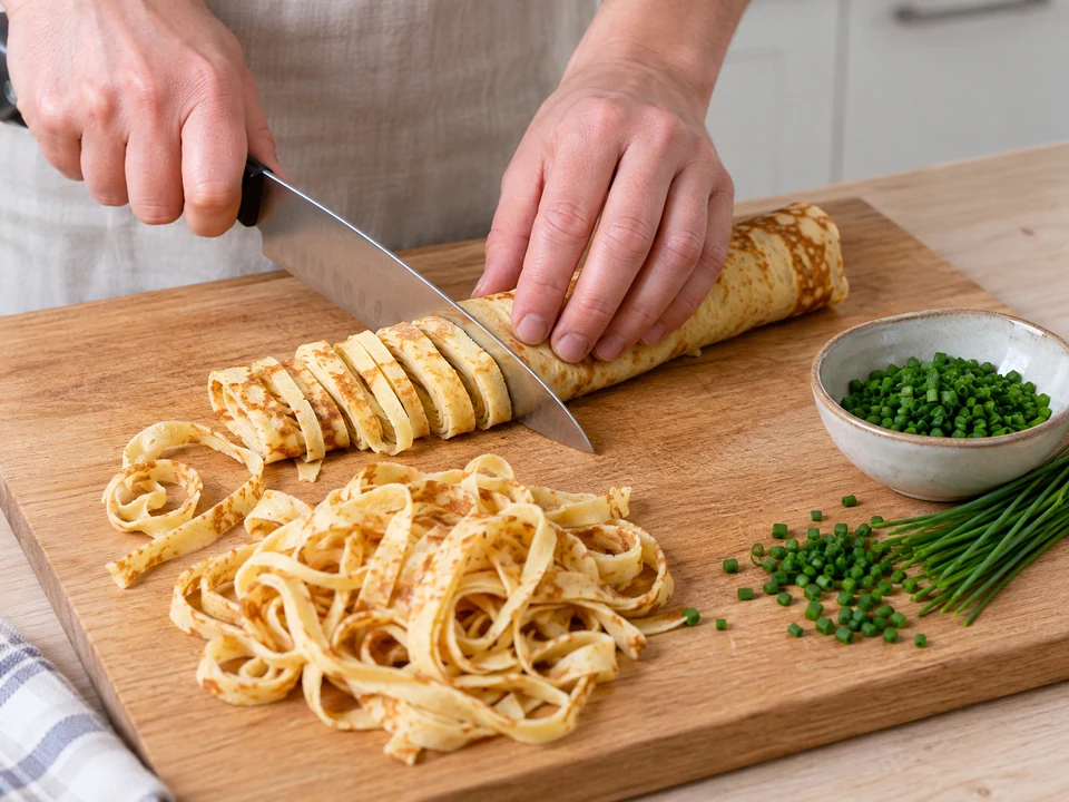 Aufgerollte Pfannkuchen in schmale Streifen schneiden.