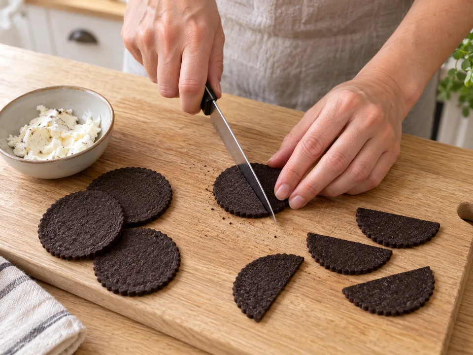 Die Doppelkekse trennen, die Creme entfernen und jede einzelne Scheibe zu zwei Flügelhälften schneiden.