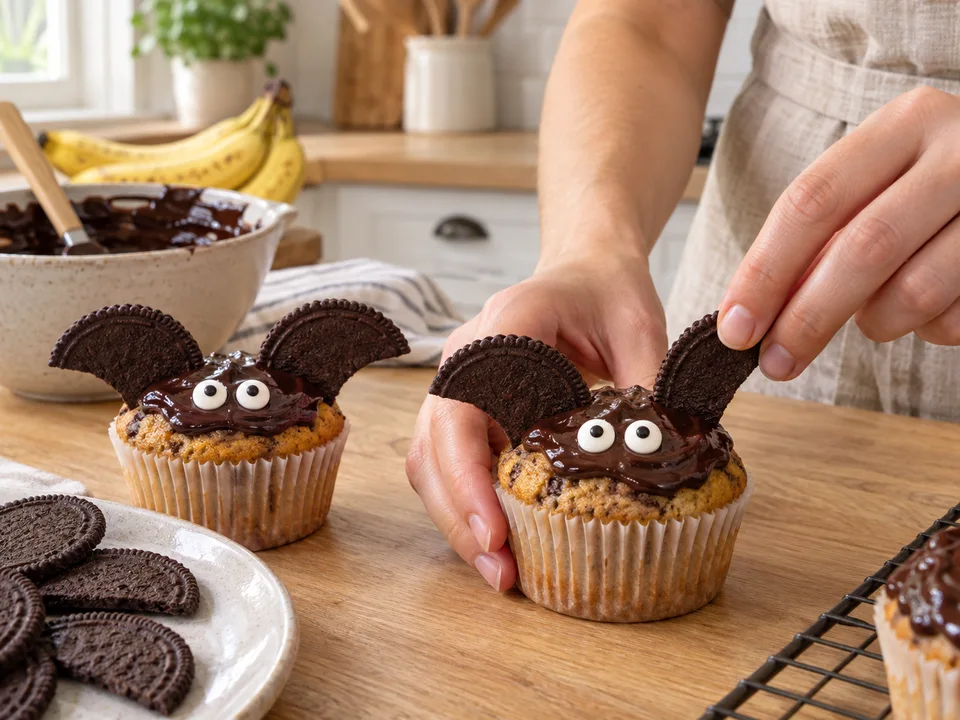 Zwei Kekshälften schräg in die Schokocreme stecken und vorne zwei Zuckeraugen aufsetzen.