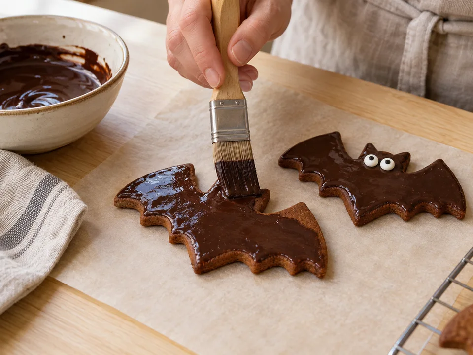 Die ausgekühlten Lebkuchen dünn dunkel glasieren und je zwei Zuckeraugen aufsetzen.
