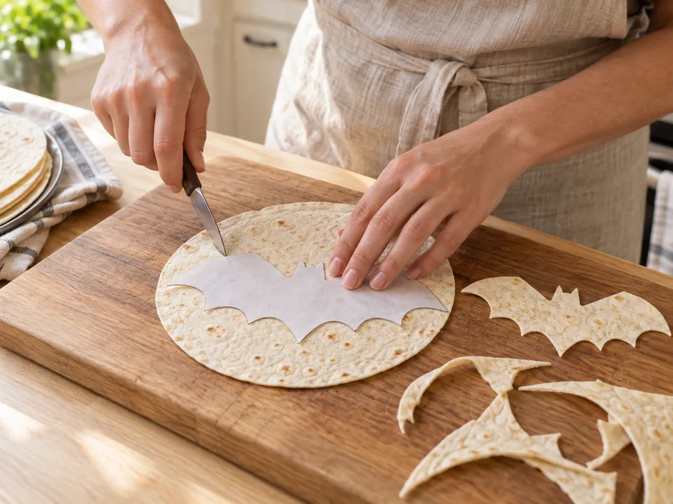 Mit einer Papierschablone Fledermäuse mit breiten Flügeln und zwei kleinen Ohren ausschneiden.
