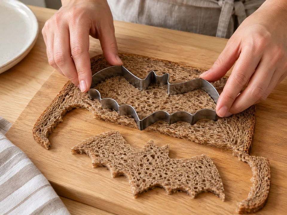 Die Fledermausform aus jeder großen, dünnen Brotscheibe ausstechen; harte Körner eignen sich dafür nicht.