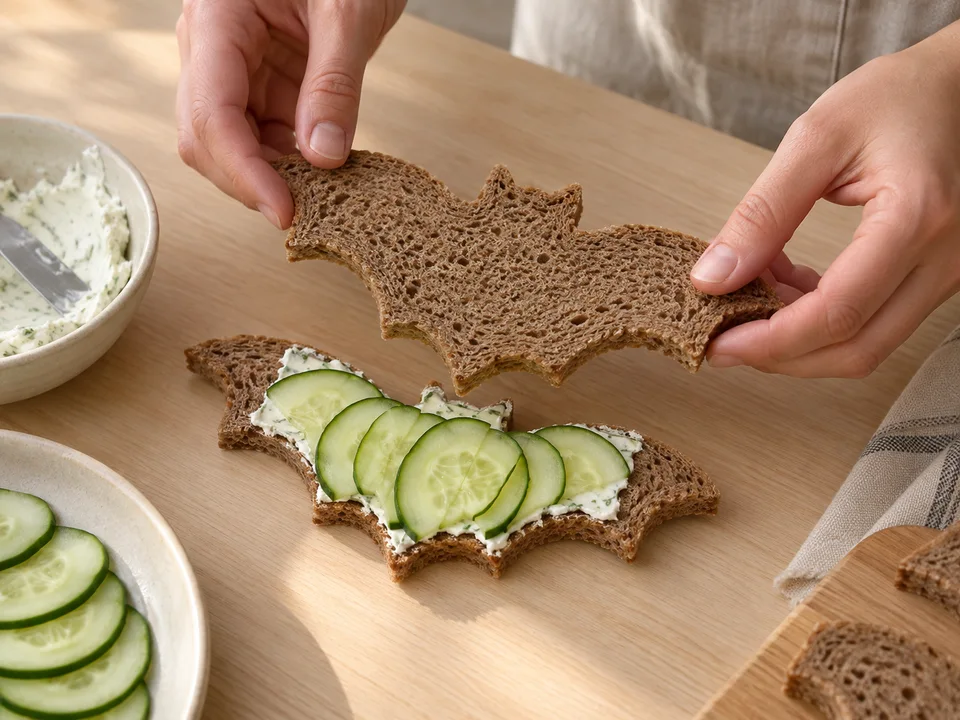 Die bestrichenen Brote mit dünnen Gurkenstücken belegen und die Flügelränder frei lassen.