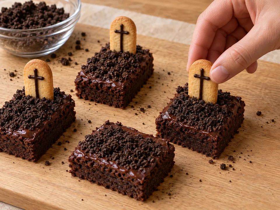 Die portionierten Brownies mit Schokocreme und Keksbröseln bedecken; Keksgrabsteine in schmale Schlitze stecken.