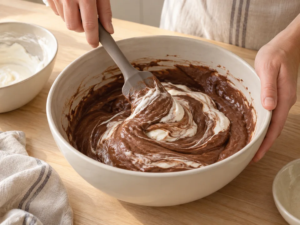 Die Quarkcreme portionsweise unter den vollständig kalten Pudding heben, bis die Masse gleichmäßig schokoladenbraun ist.
