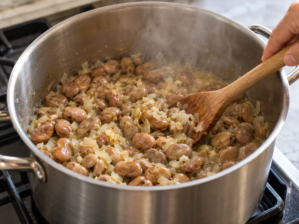 Reife gekochte Favabohnen mit Zwiebel, Knoblauch und Kreuzkümmel sanft erhitzen.