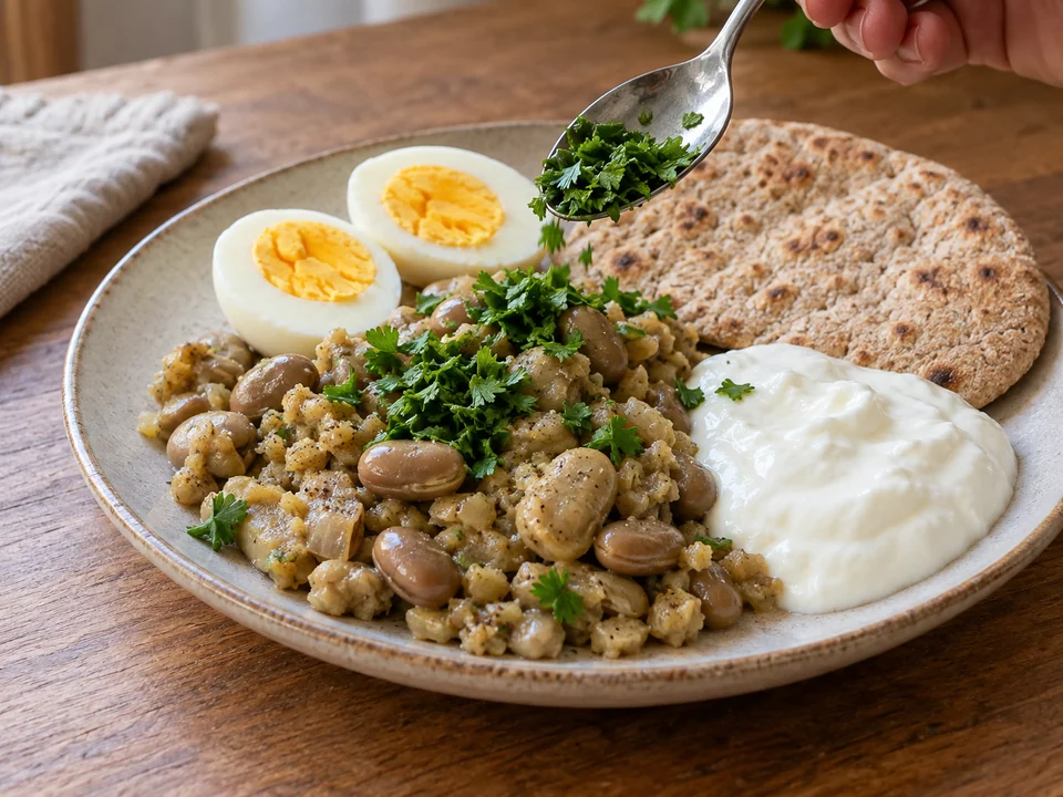 Ful Medames mit Petersilie, hart gekochtem Ei, Naturjoghurt und einem Vollkornfladen anrichten.