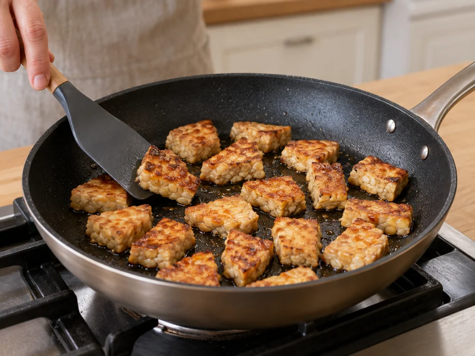 Tempeh in zwei Chargen braten
