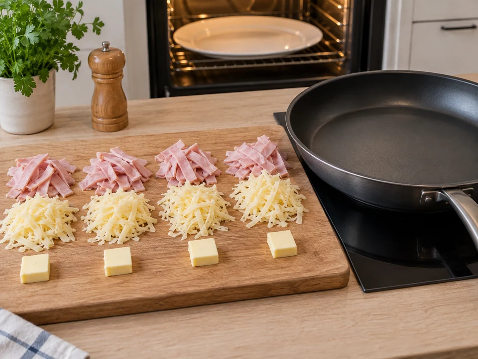 Schinken, Käse und Butter in vier Portionen teilen.