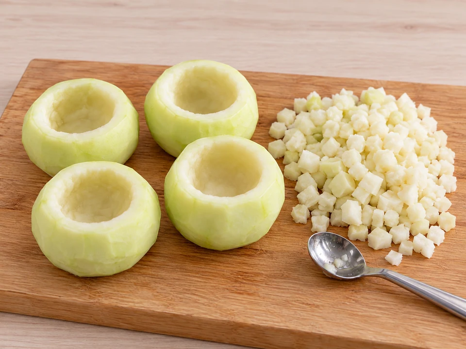 Kohlrabi mit stabilen Wänden aushöhlen; das Innere aufbewahren.