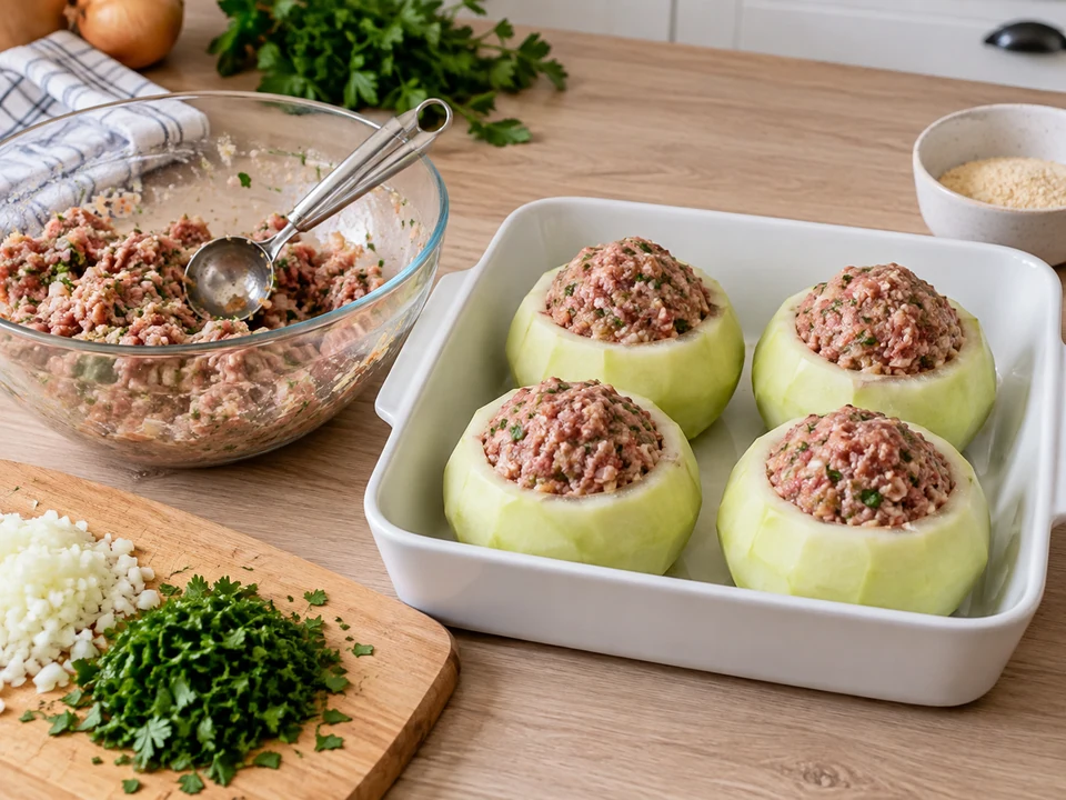 Die Kohlrabi gleichmäßig mit der Hackmasse füllen.