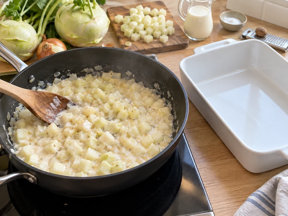 Das ausgelöste Kohlrabifleisch in der hellen Sauce mitverwenden.