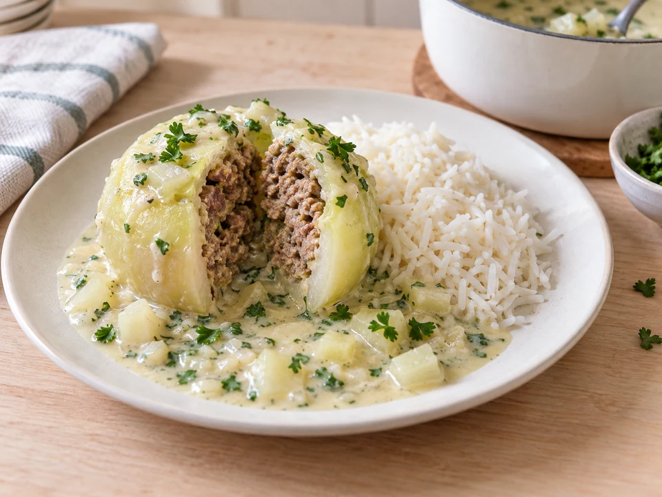 Je einen gefüllten Kohlrabi mit Reis und Petersiliensauce servieren.