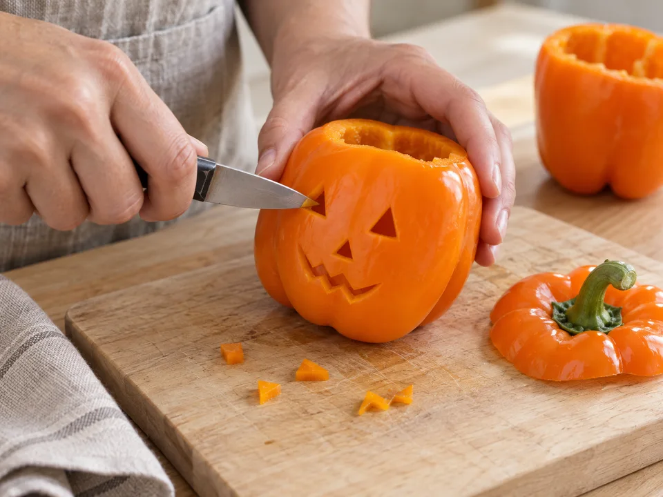 Nur kleine Augen-, Nasen- und Mundöffnungen in die ausgehöhlte Paprika schneiden, damit die Füllung später in der Schote bleibt.