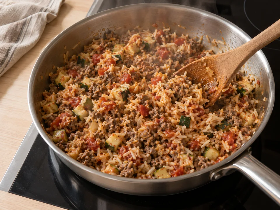 Das krümelig durchgebratene Hack mit Gemüse und Tomaten köcheln lassen; anschließend gegarten Reis und 60 g Cheddar unterheben.